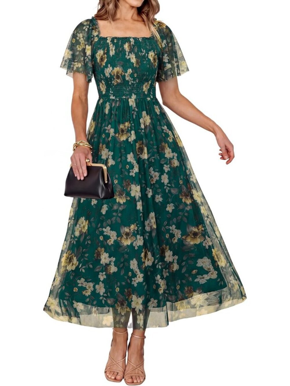 Women's  Floral Emerald Green Beige Square Neck Mesh Smocked Boho Maxi Dress